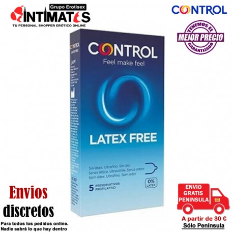 Latex Free 5 u. · Preservativos fabricados en poliuretano · Control